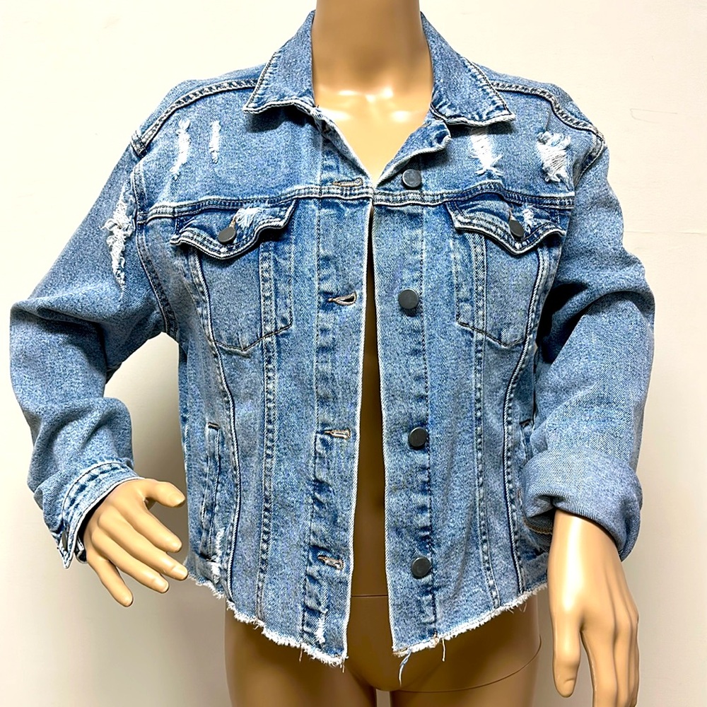 Xhilaration distressed Jean jacket with raw edge at bottom size S